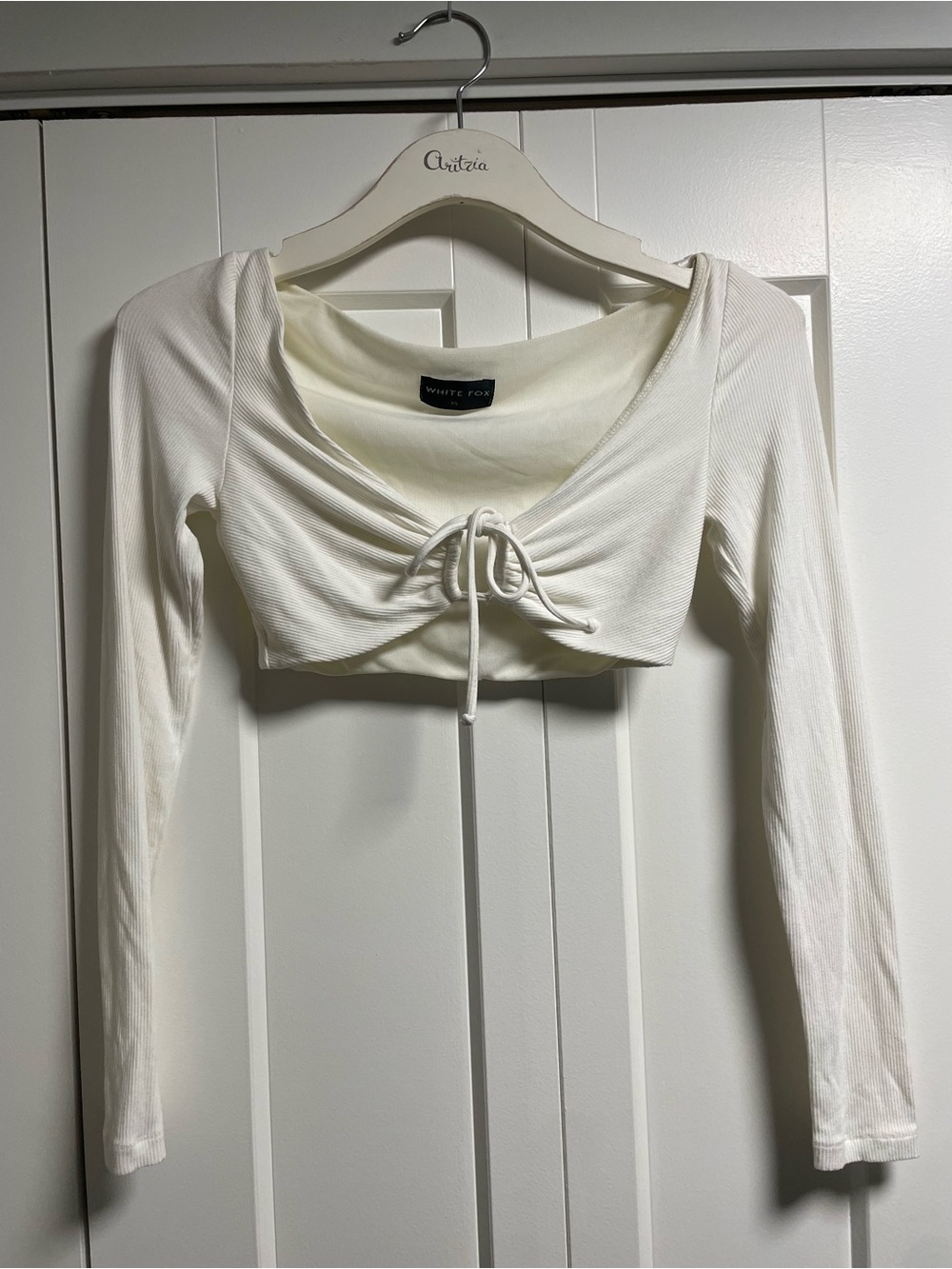 White Fox Cropped Long Sleeve Ribbed Top Front Tie Ruched White XS